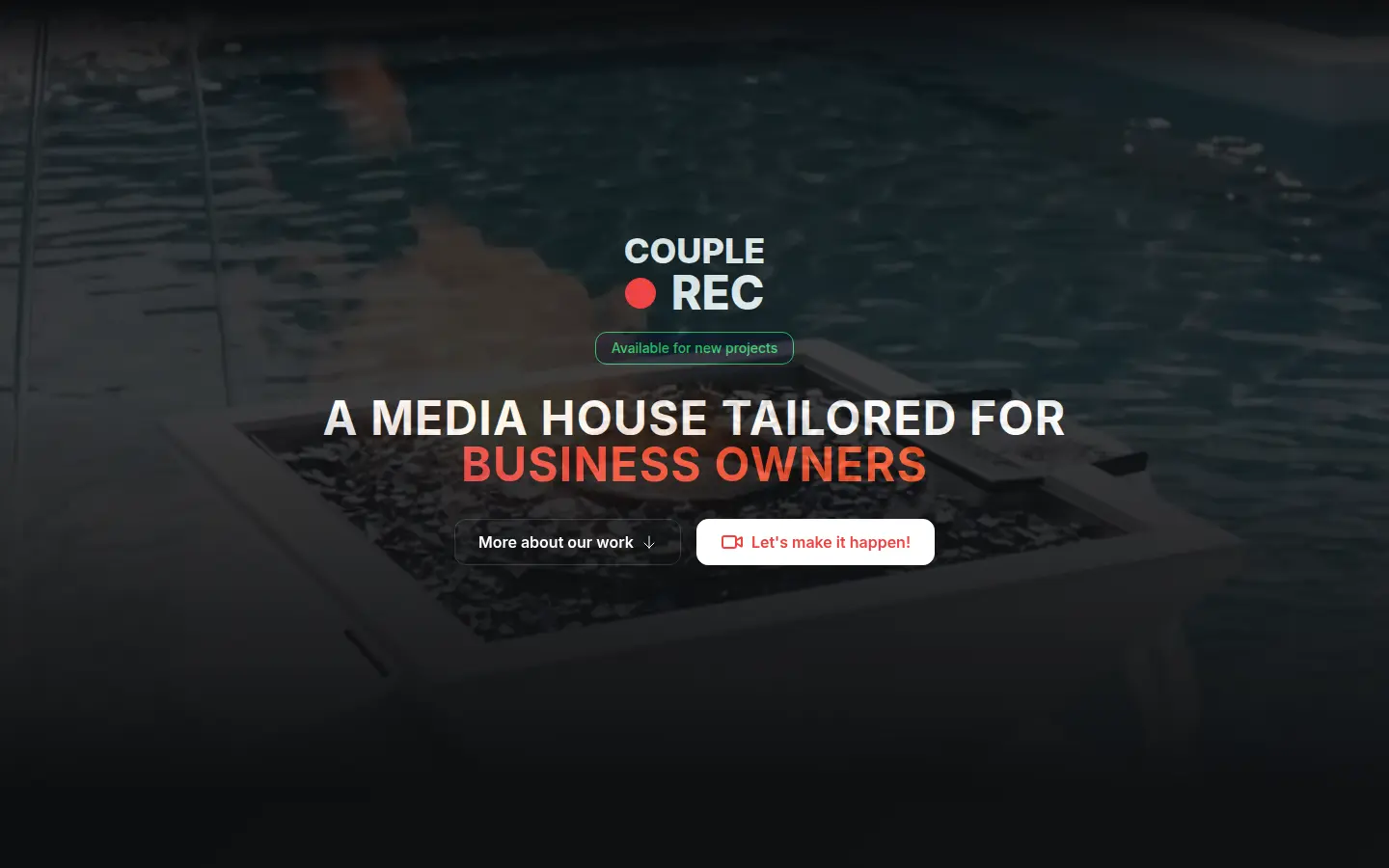 Homepage of couplerec.com, with the headline A media house tailored for business owners over a dark poolside photograph.