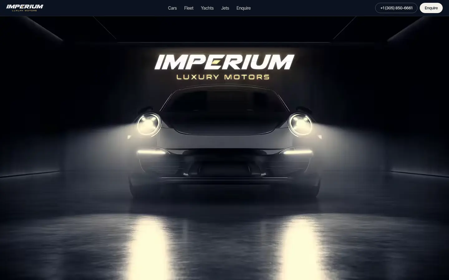 Homepage of the Imperium Luxury Motors concept site: a sports car facing the camera in a dark showroom.