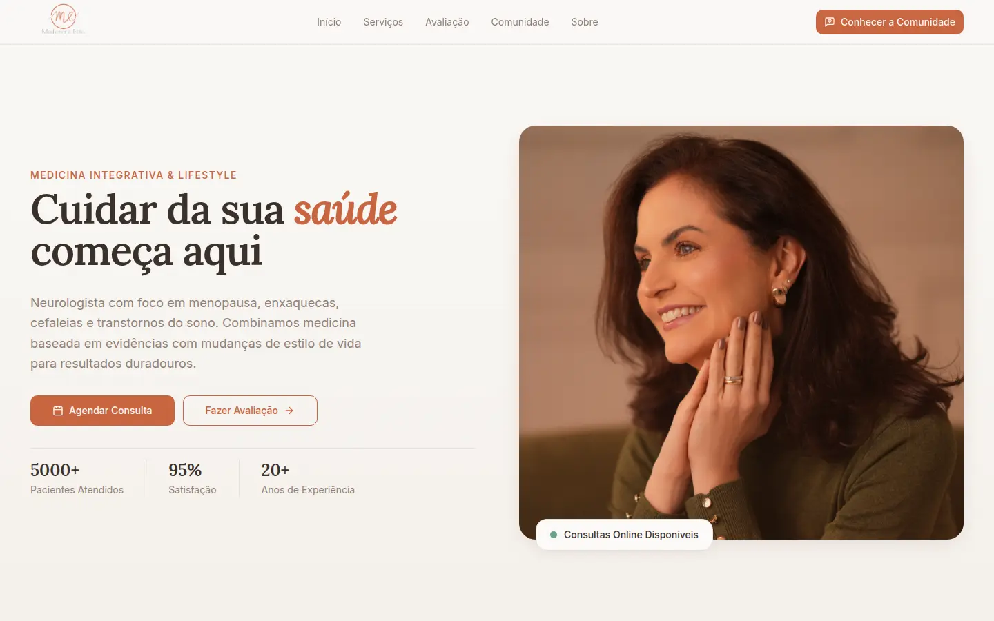 Homepage of medicinaeestilo.com, a neurology and lifestyle clinic, with a portrait and the Portuguese headline Cuidar da sua saúde começa aqui.