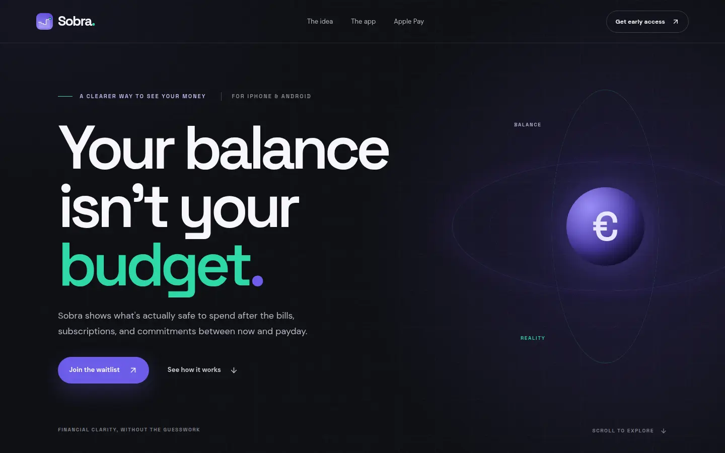 Homepage of getsobra.app, with the headline Your balance isn't your budget beside a violet sphere marked with a euro sign.